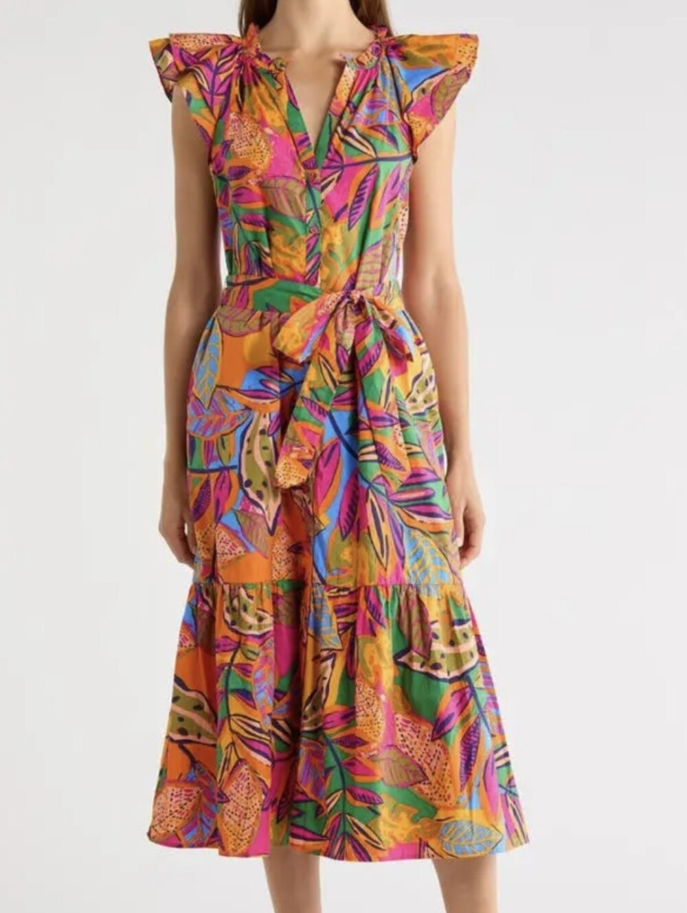Sugarlips Milana Full-Button Tropical Print Tiered Cotton Midi Dress - Size L